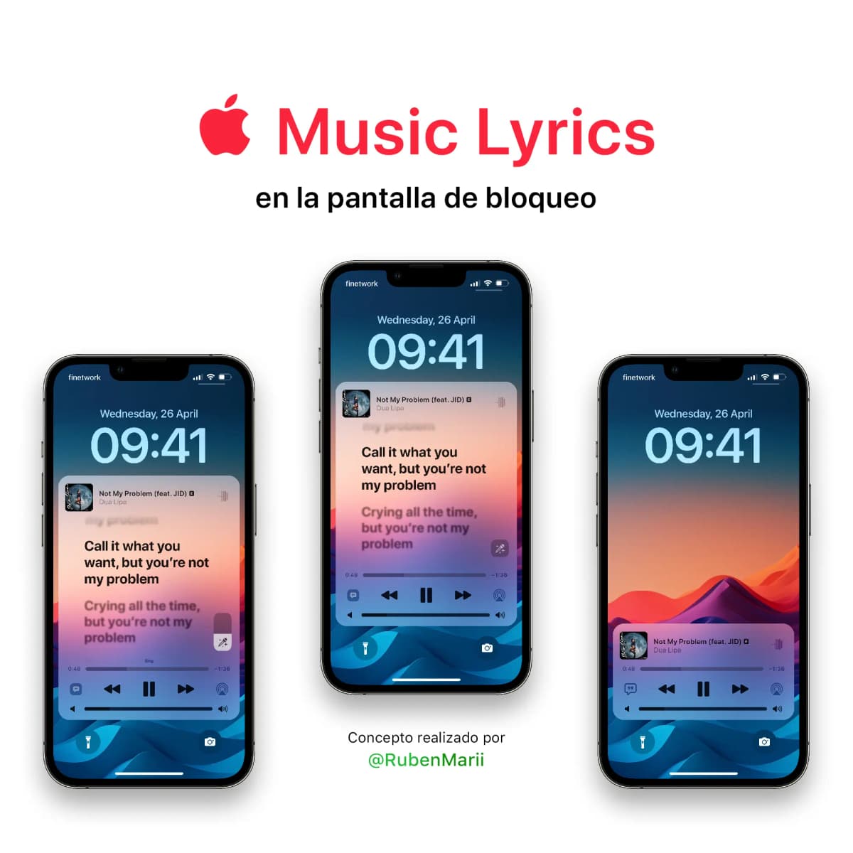 Concepto de cómo se podrían ver las letras de Apple Music en la pantalla de bloqueo